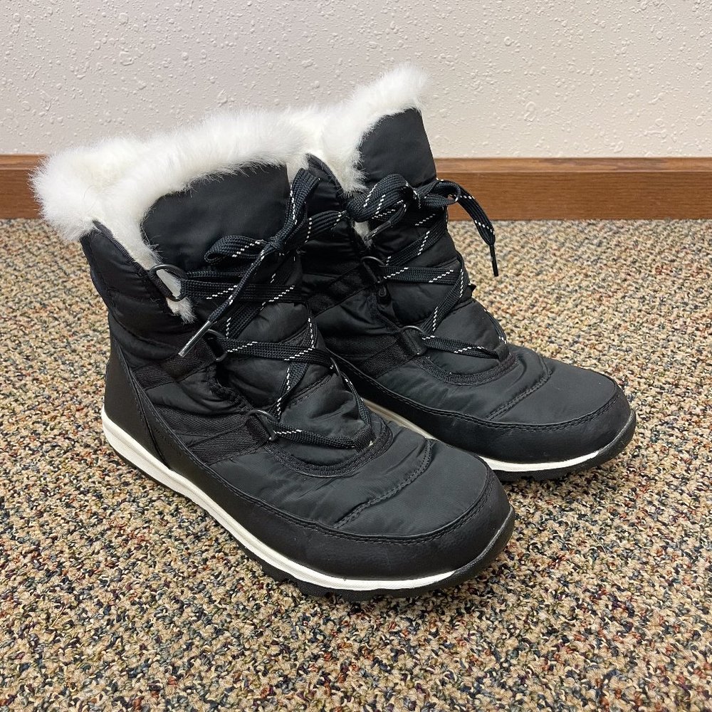 Sorel Black Whitney Short Lace Up White Fur Snow Boots